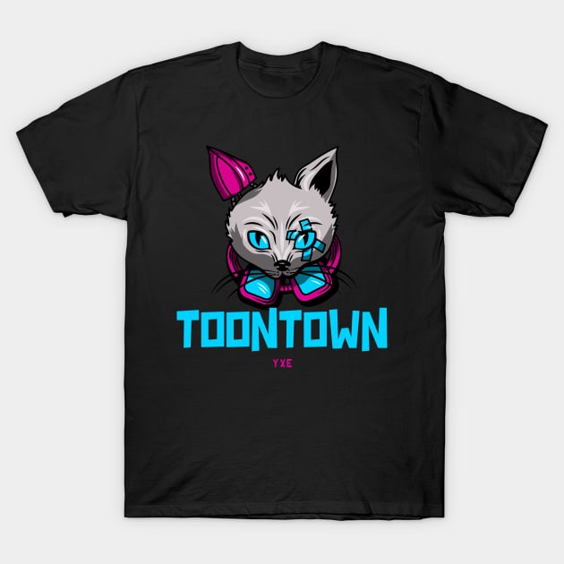 Cyberpunk Feline Fusion Town town YXE Logo Design T-Shirt by Stooned in Stoon